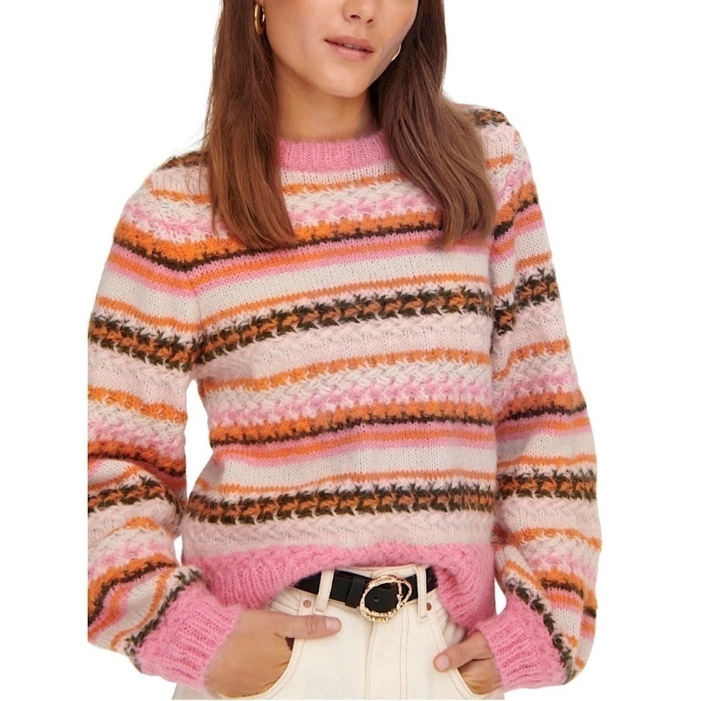 ONLY-Fuzzy Knit Stripe Ballon Sleeve Pullover (Size:Small)